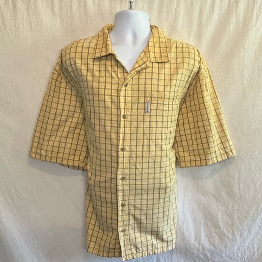 E-180 Men’s Columbia Yellow & Tan Plaid Short Sleeve Casual Button Down Shirt